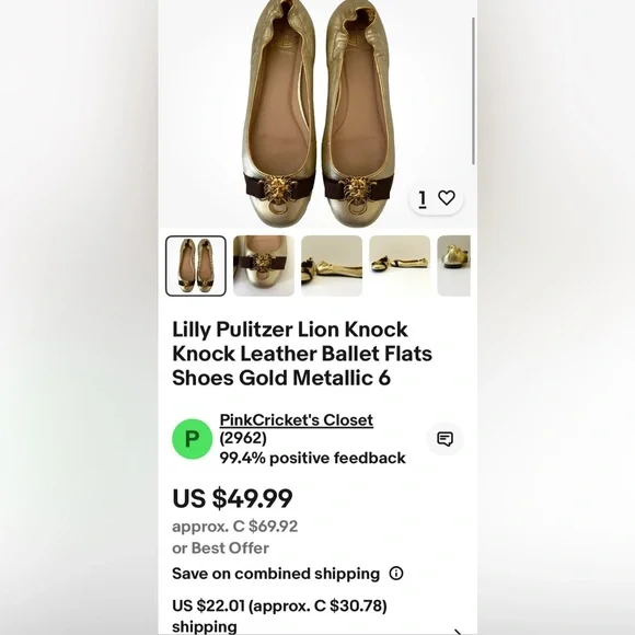 Lilly Pulitzer Gold Leather Ballet Flats Lion Heads Knock Brown Ribbon Size 9 - Picture 14 of 16